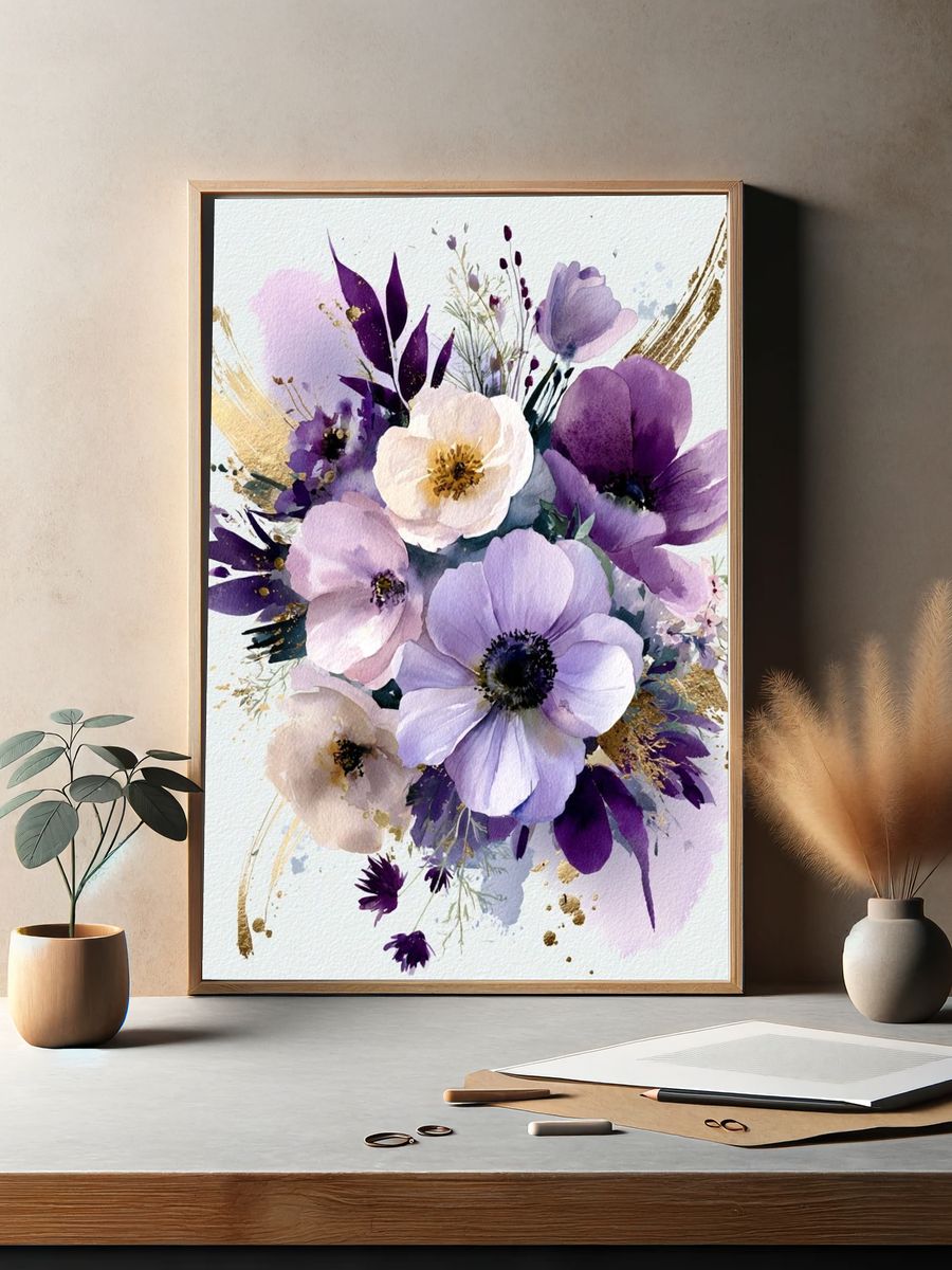 Purple Floral Watercolor Poster. — room view 2