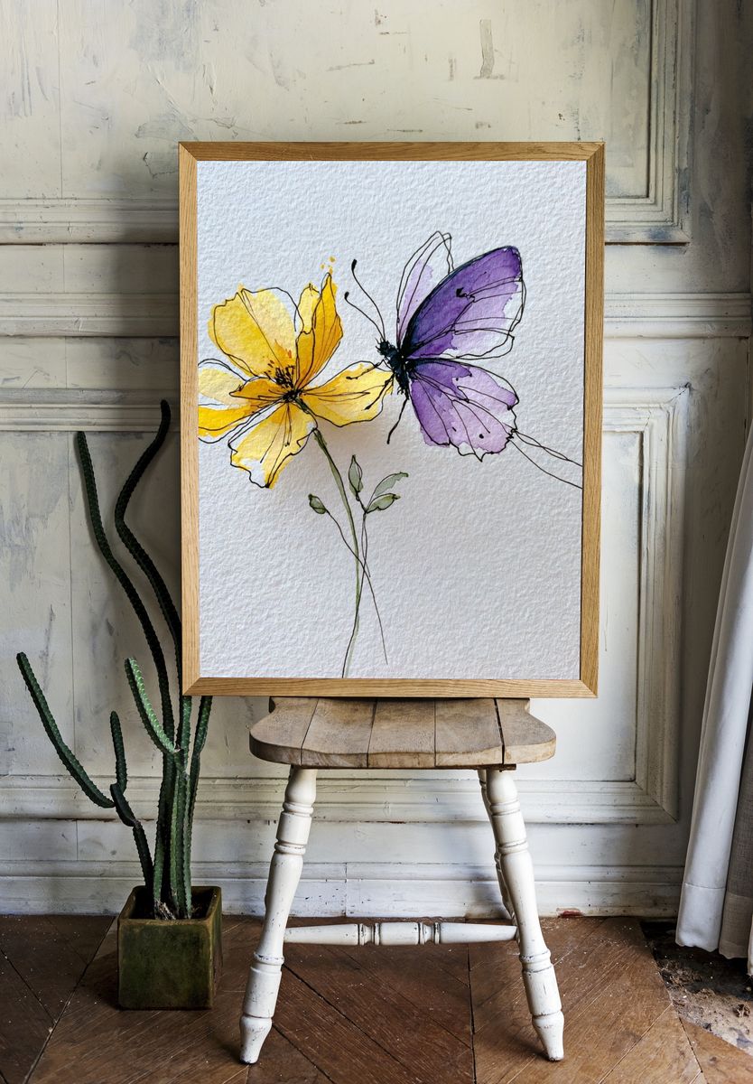 Butterfly Flowers Watercolor Print. — room view 1