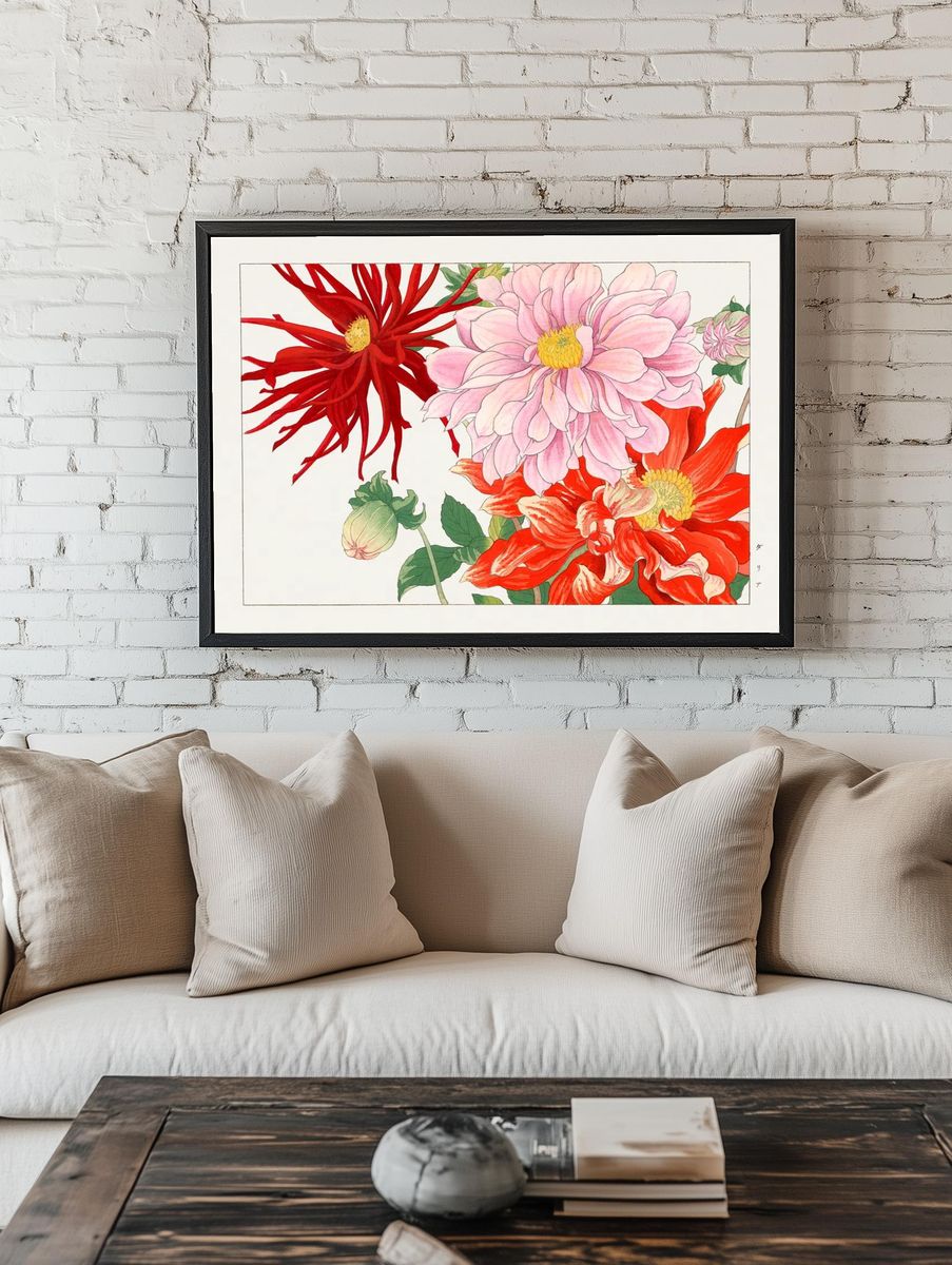 Dahlia flower woodblock painting. Digitally. room preview