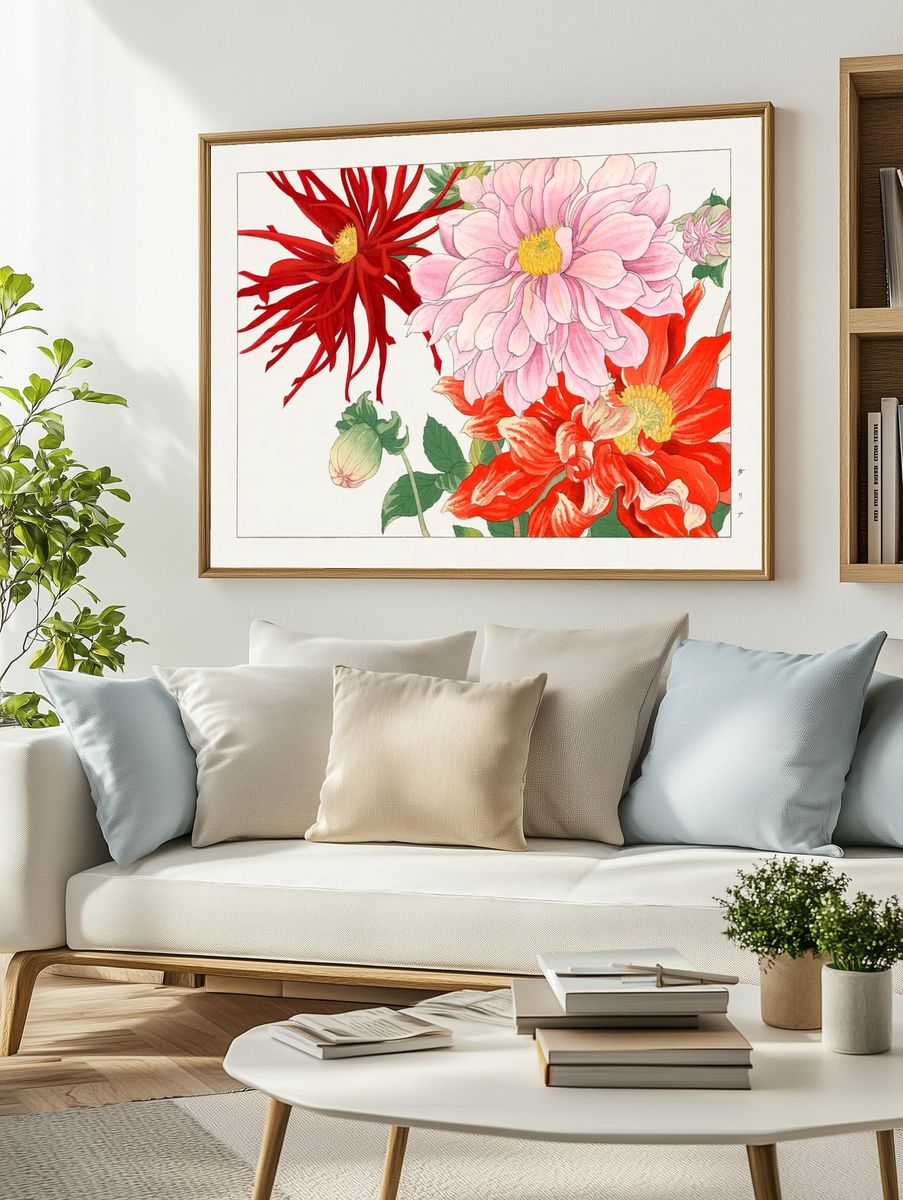 Dahlia flower woodblock painting. Digitally. — room view 2