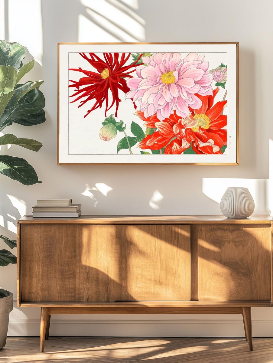 Dahlia flower woodblock painting. Digitally. — room view 3