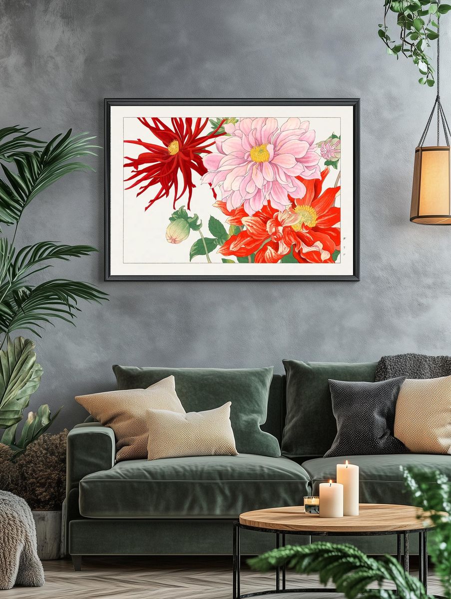 Dahlia flower woodblock painting. Digitally. — room view 4