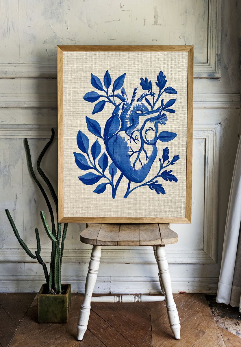 Blue Botanical Heart Print. room preview