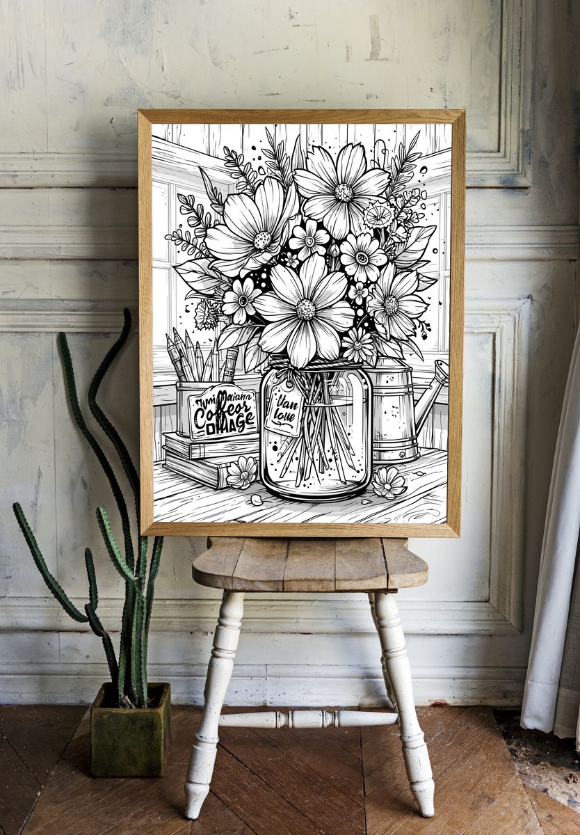 Wildflower Bouquet Line Art Poster. — room view 1