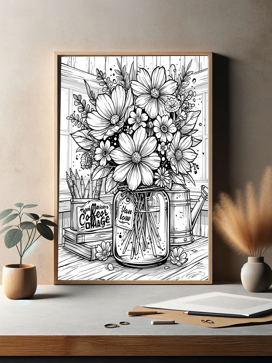 Wildflower Bouquet Line Art Poster. — room view 2