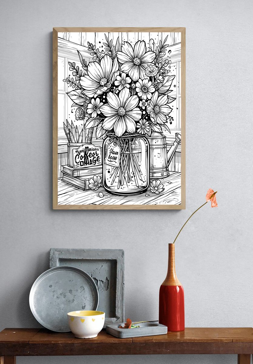 Wildflower Bouquet Line Art Poster. — room view 3