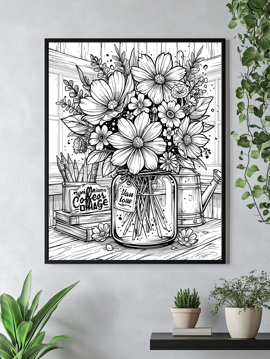 Wildflower Bouquet Line Art Poster. — room view 4