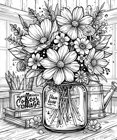 Wildflower Bouquet Line Art Poster.
