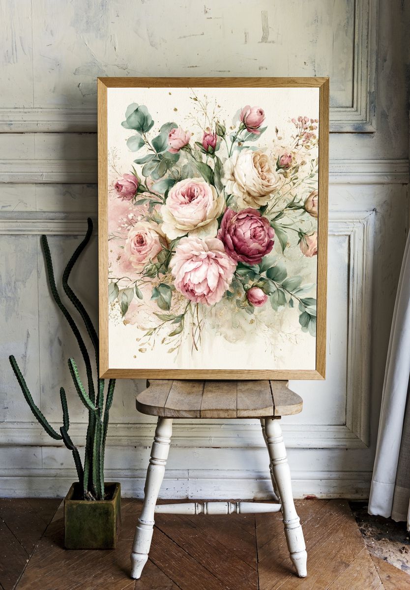 Blush Peony Bouquet Botanical Print. room preview