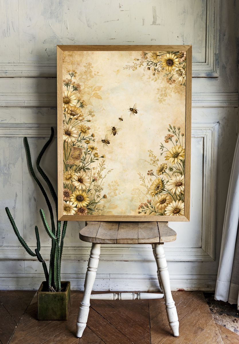 Sunflower Bees Botanical Poster. room preview