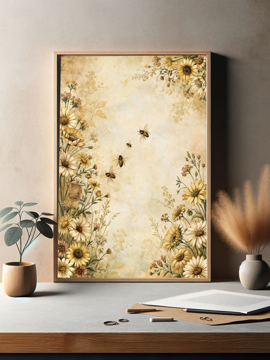 Sunflower Bees Botanical Poster. — room view 2