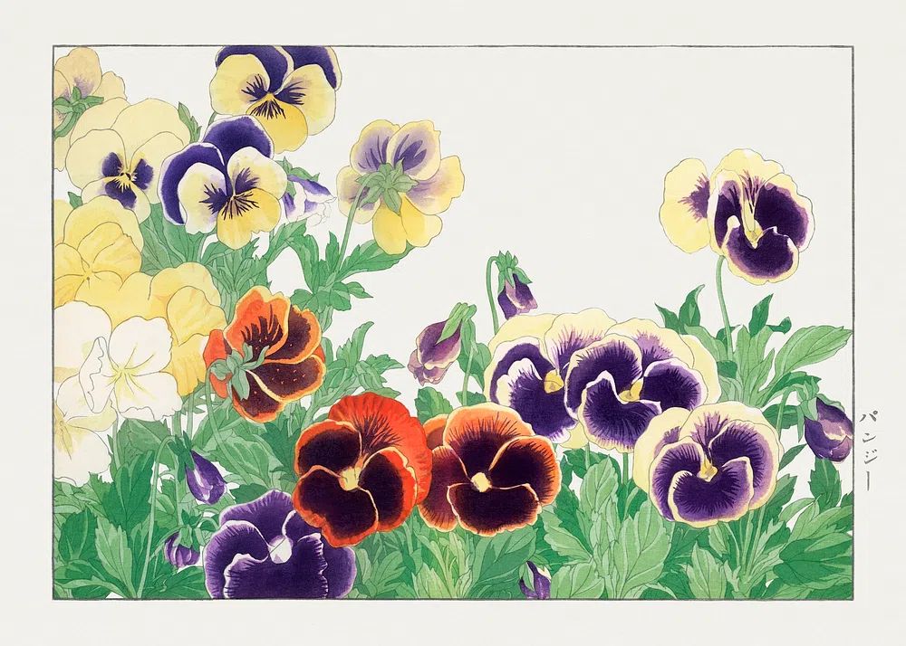 Vintage pansy flower, ukiyo e. poster detail