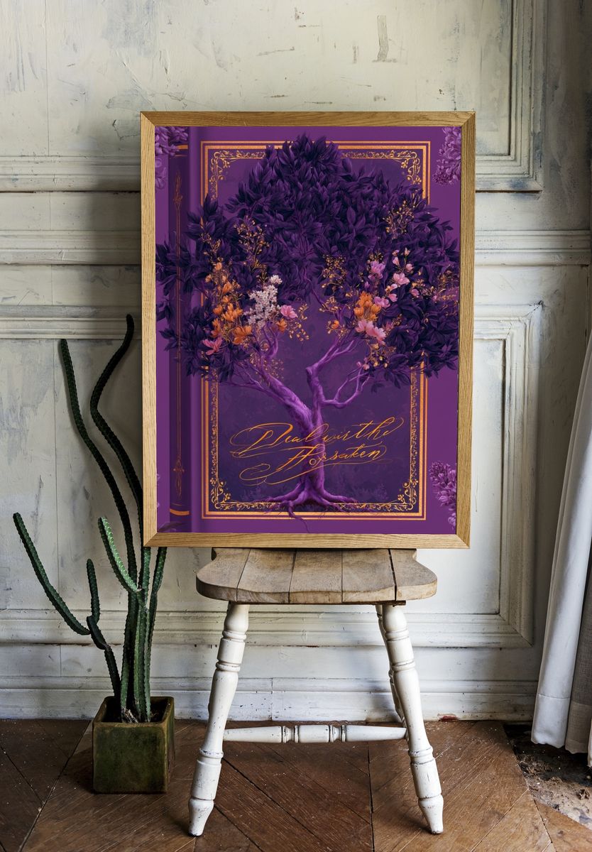 Purple Floral Tree Typography Poster. — room view 1