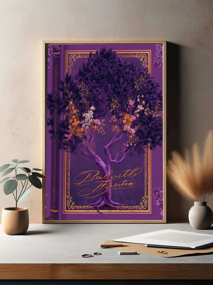 Purple Floral Tree Typography Poster. — room view 2