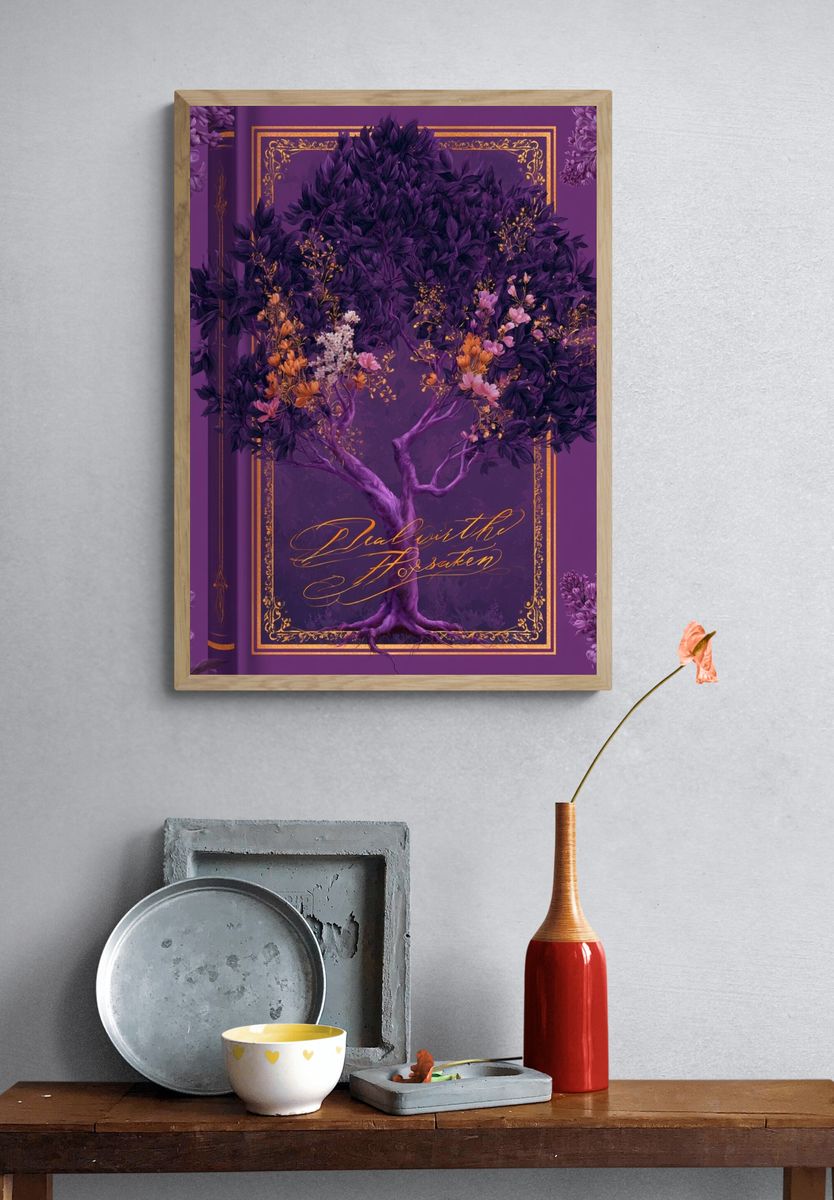 Purple Floral Tree Typography Poster. — room view 3
