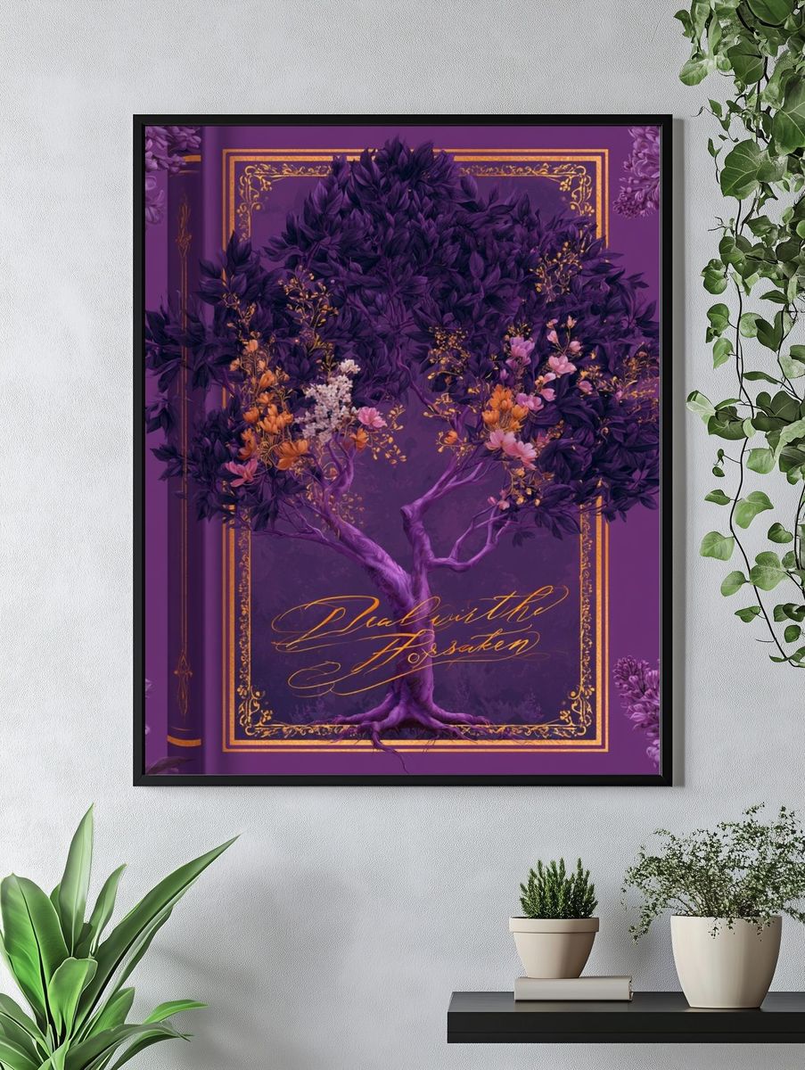 Purple Floral Tree Typography Poster. — room view 4