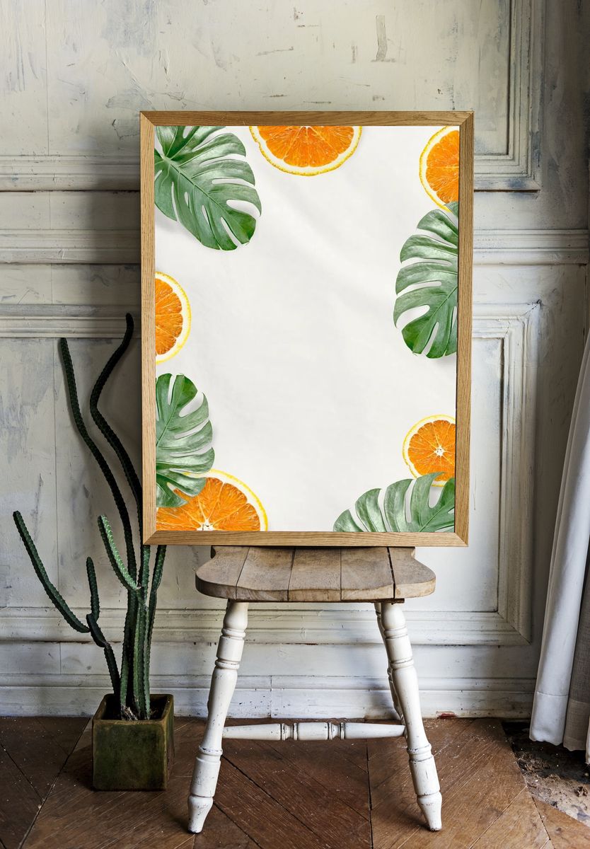 Green Monstera leaves orange background. room preview