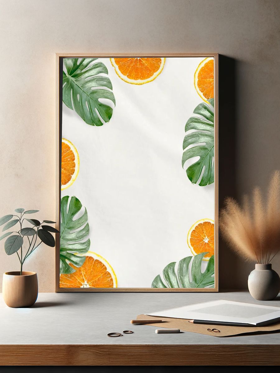 Green Monstera leaves orange background. — room view 2
