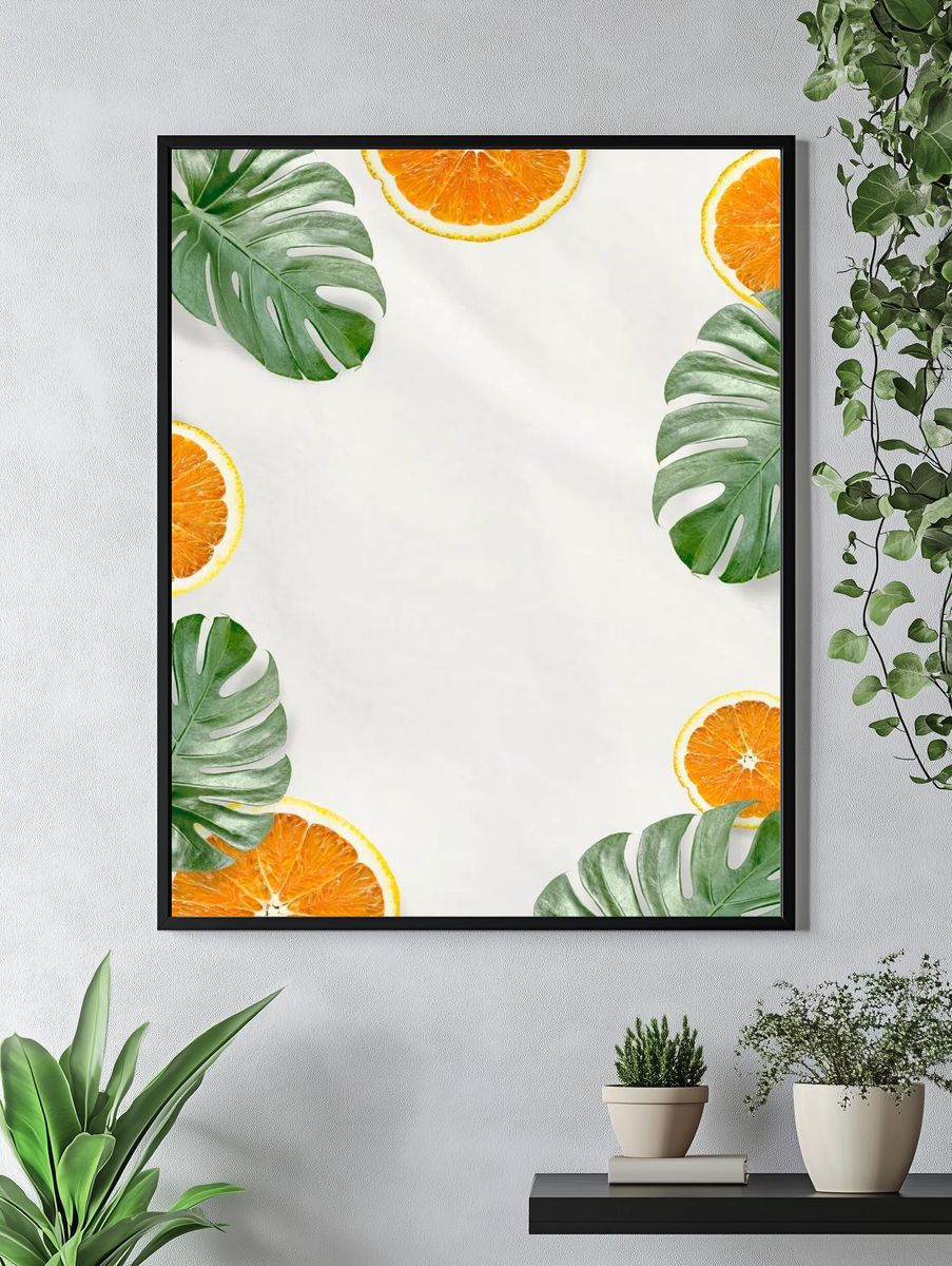 Green Monstera leaves orange background. — room view 4