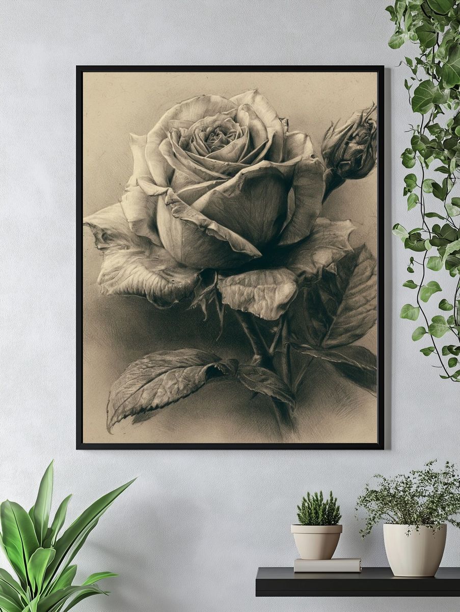 Sepia Rose Botanical Print. — room view 4