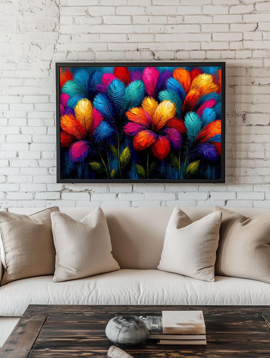 Colorful Feather Bouquet Print. room preview