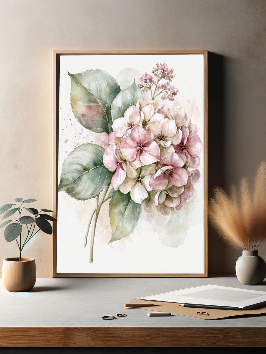 Blush Hydrangea Watercolor Poster. — room view 2