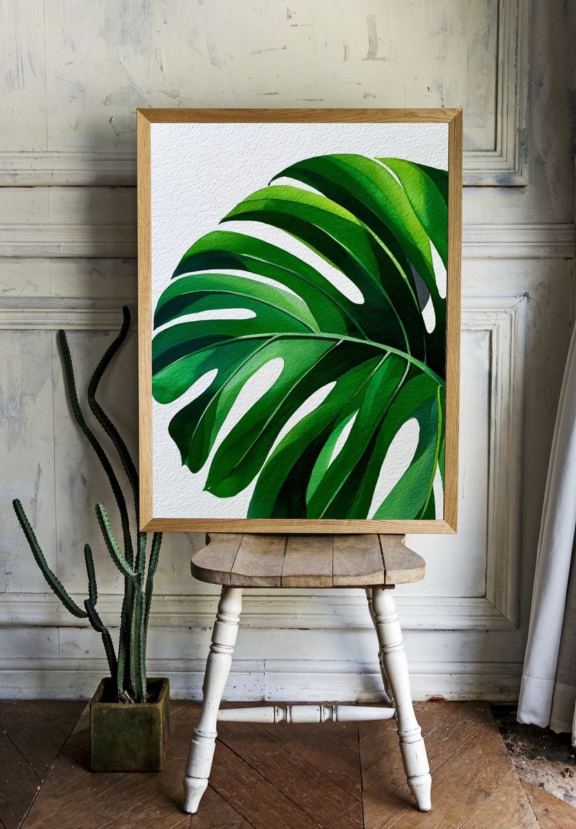 Monstera Leaf Botanical Print. room preview