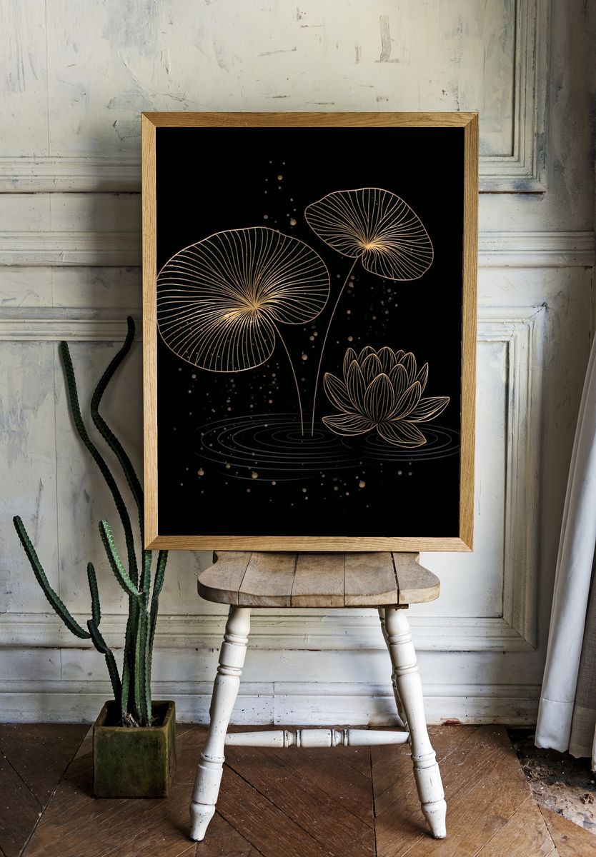 Golden Lotus Bloom Print. room preview