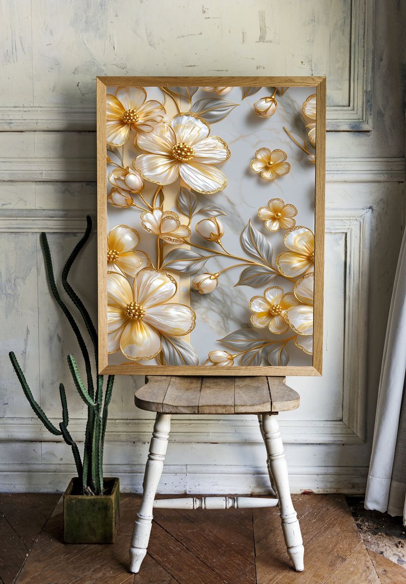 Golden Floral Relief Poster. — room view 1