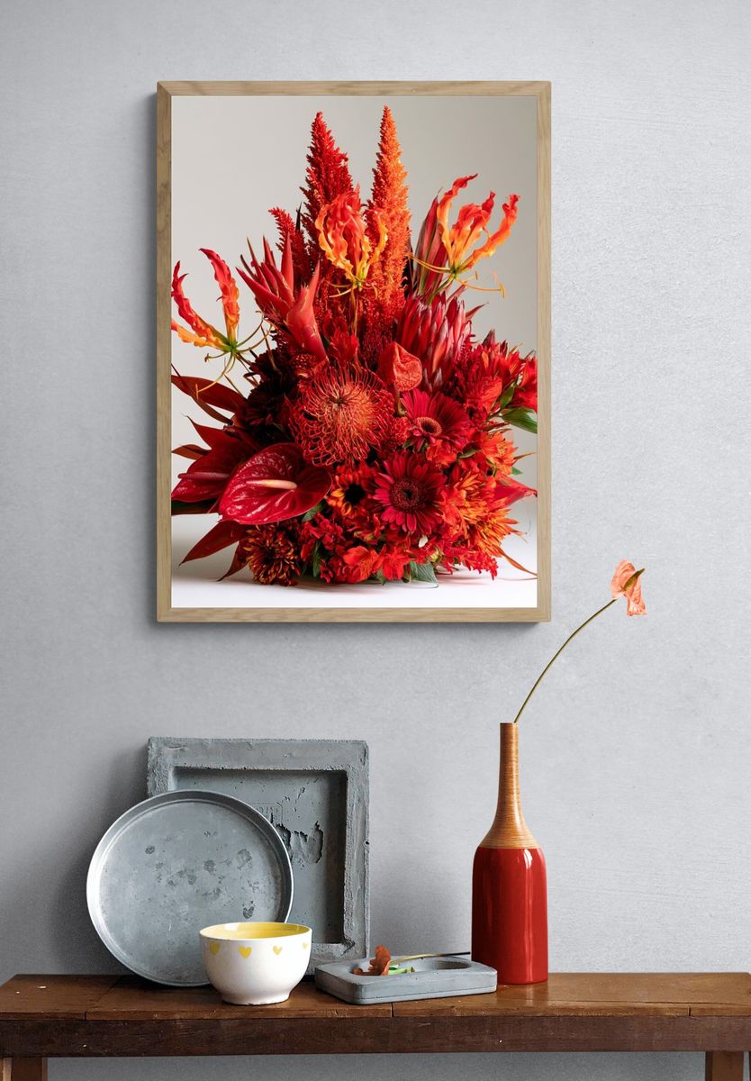 Crimson Floral Bouquet Photography Poster. — room view 3