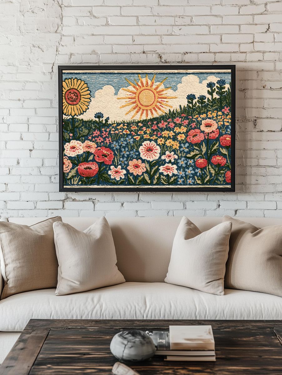 Sunlit Wildflower Meadow Vintage Print. room preview