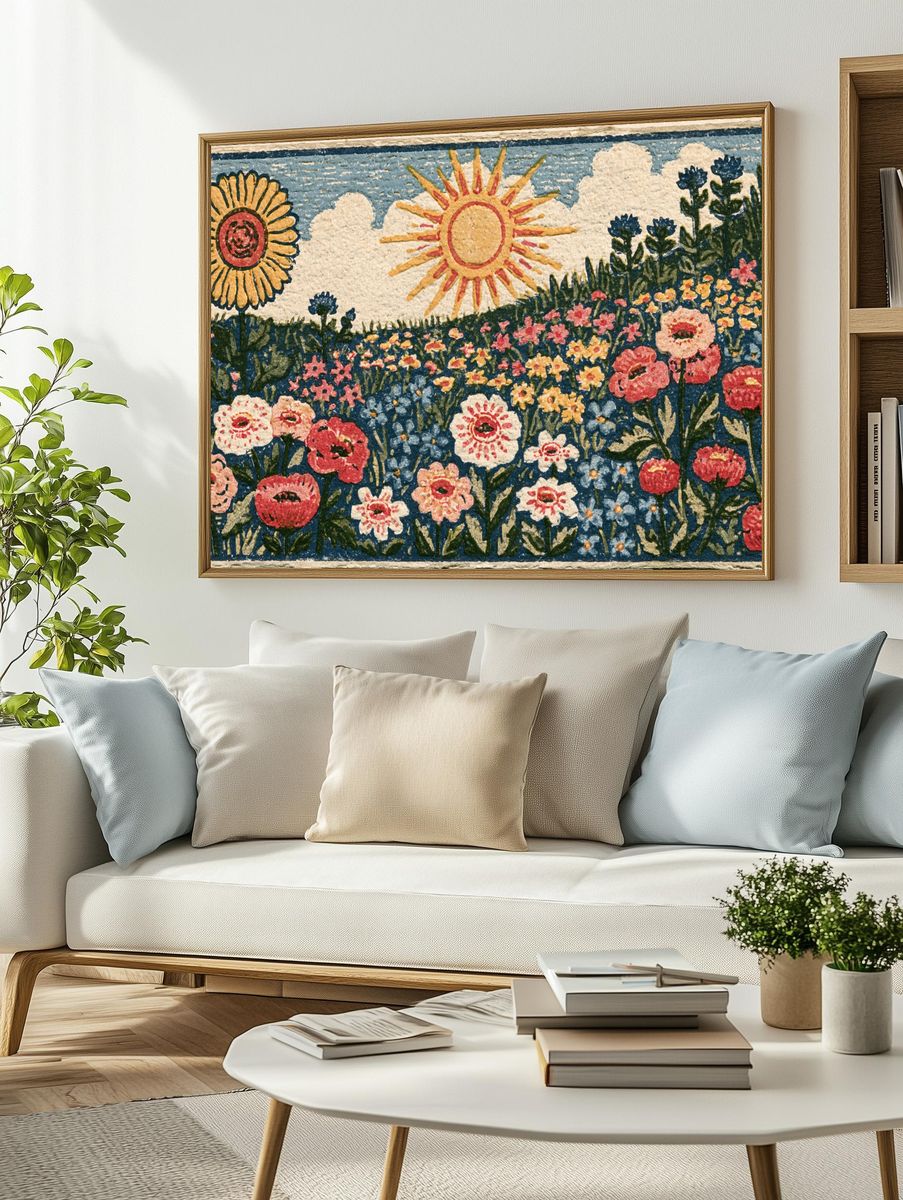 Sunlit Wildflower Meadow Vintage Print. — room view 2