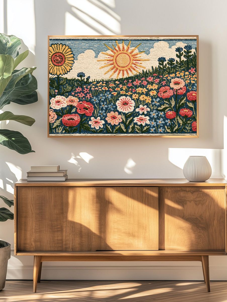 Sunlit Wildflower Meadow Vintage Print. — room view 3