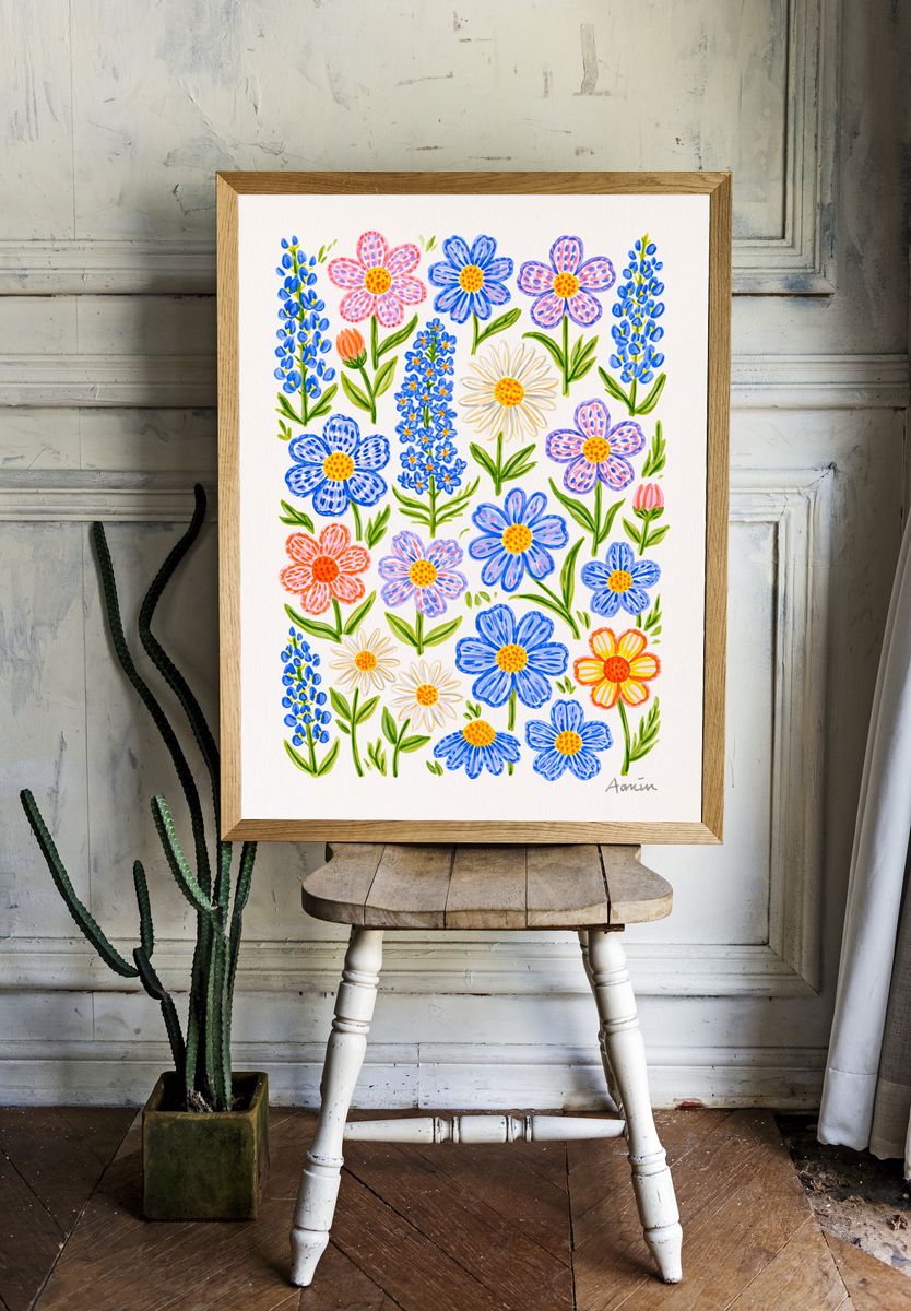 Wildflower Bouquet Watercolor Print. room preview