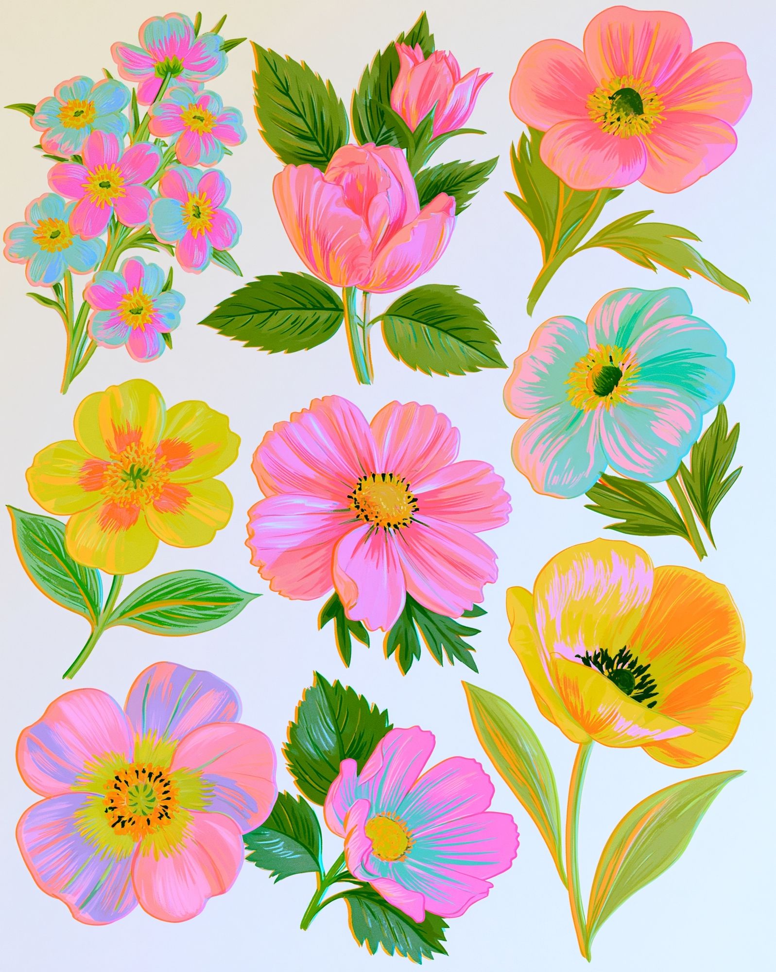 Neon Wildflower Bouquet Print. poster — botanical art