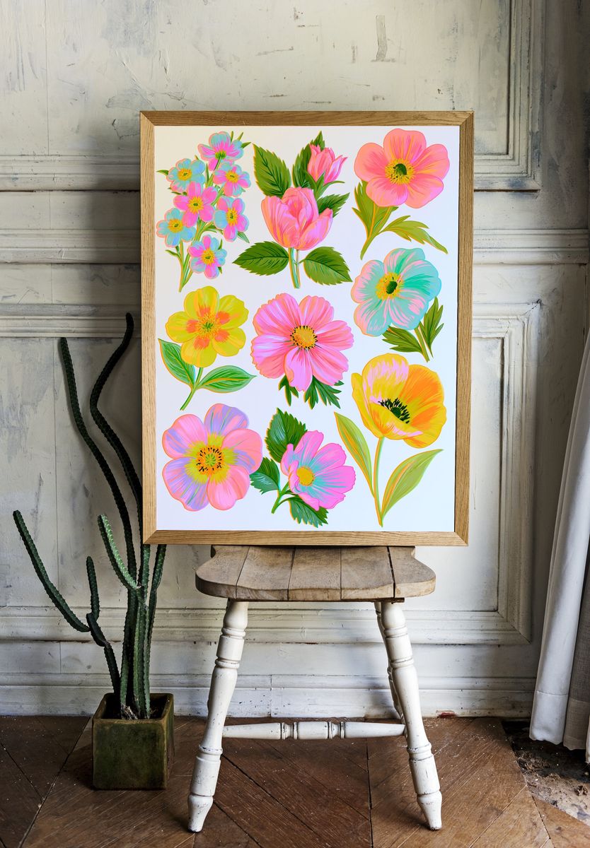 Neon Wildflower Bouquet Print. room preview