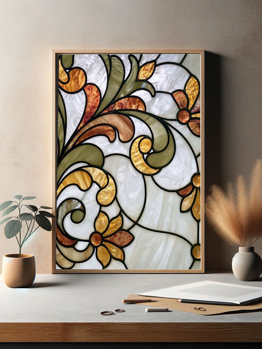 Stained Glass Floral Scroll Poster. — room view 2