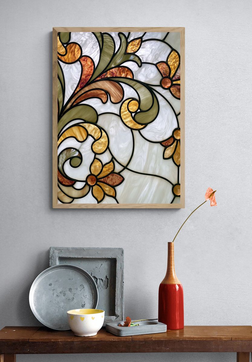 Stained Glass Floral Scroll Poster. — room view 3