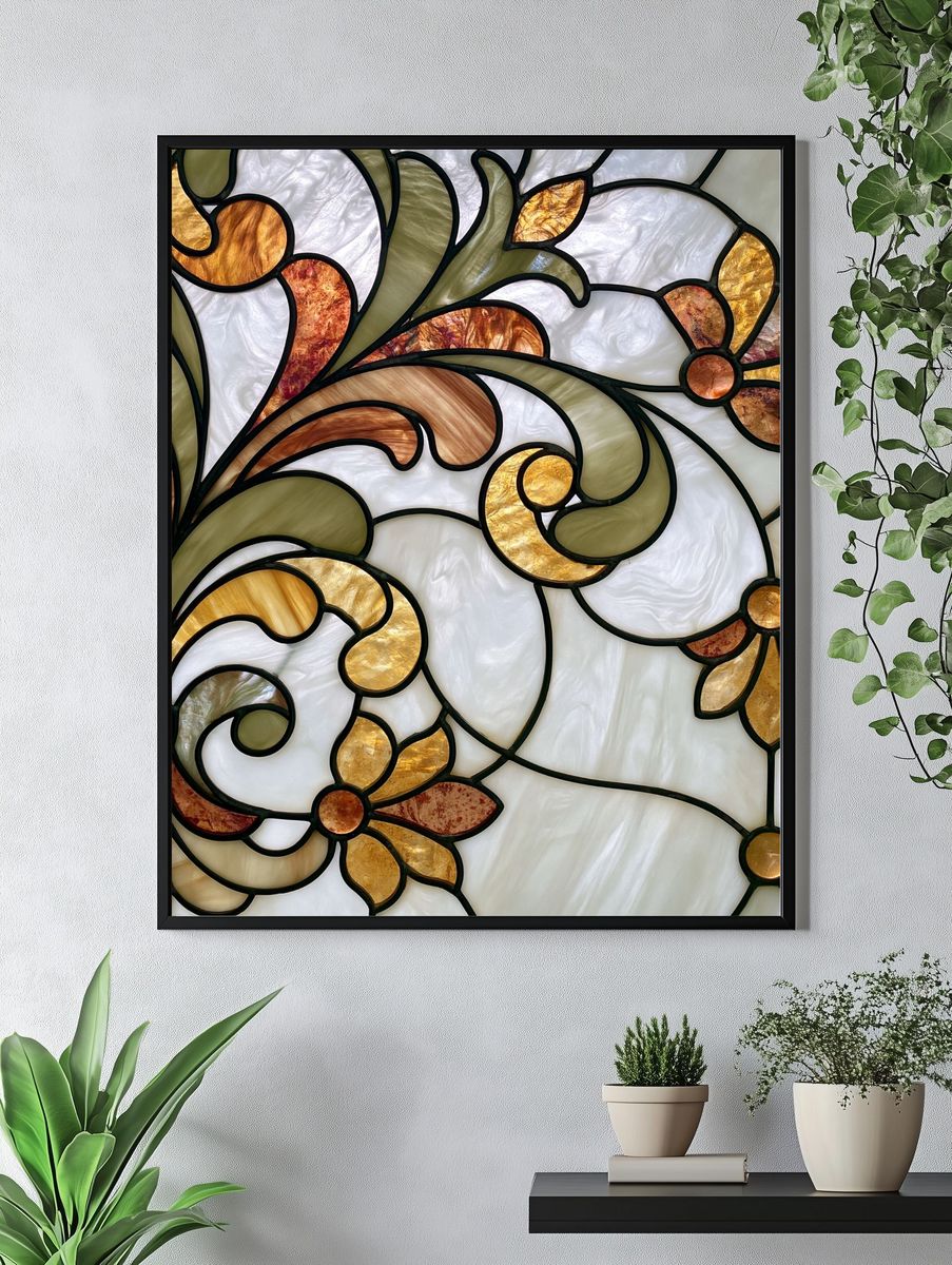 Stained Glass Floral Scroll Poster. — room view 4