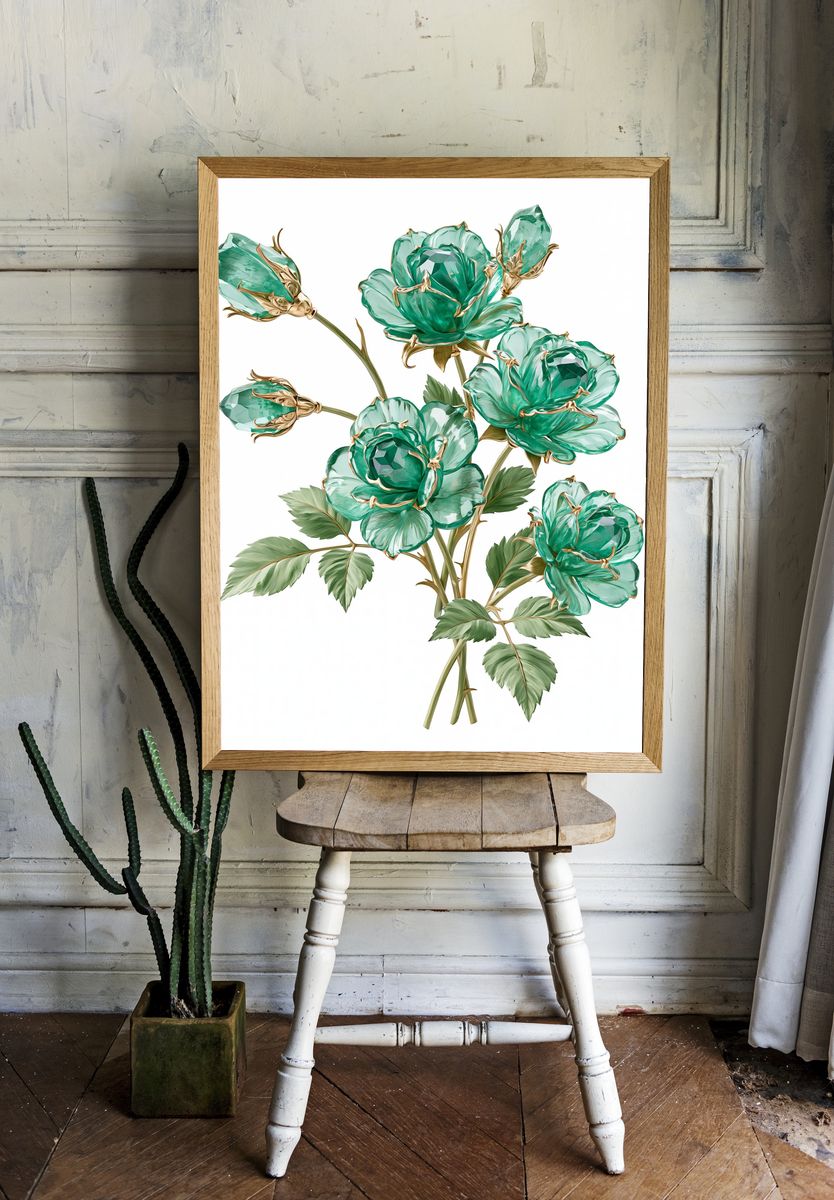 Emerald Rose Botanical Print. room preview