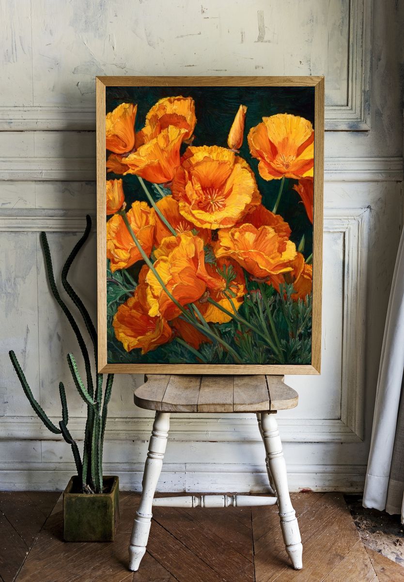 Orange Poppy Blooms Fine-Art Poster. room preview