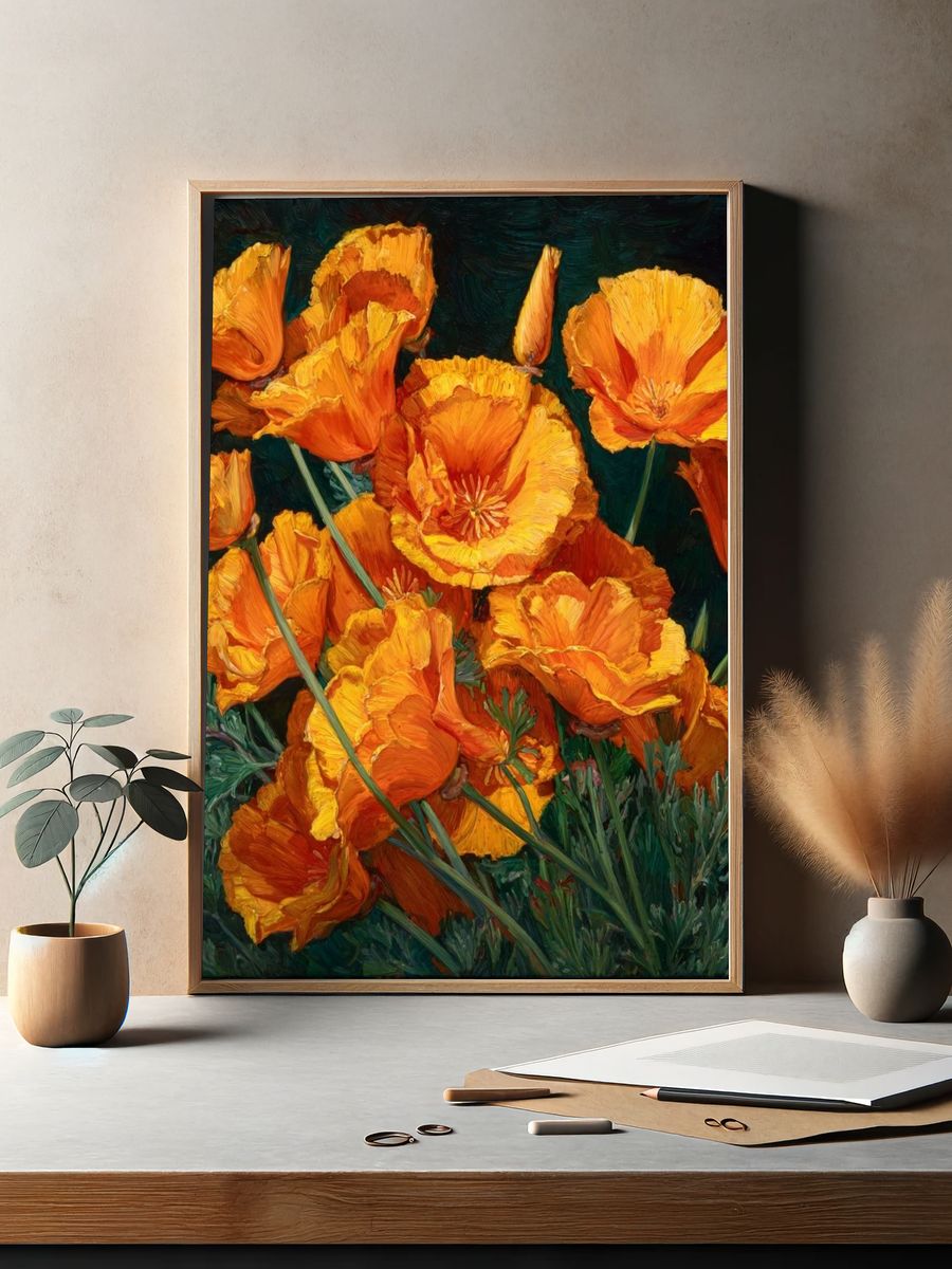 Orange Poppy Blooms Fine-Art Poster. — room view 2