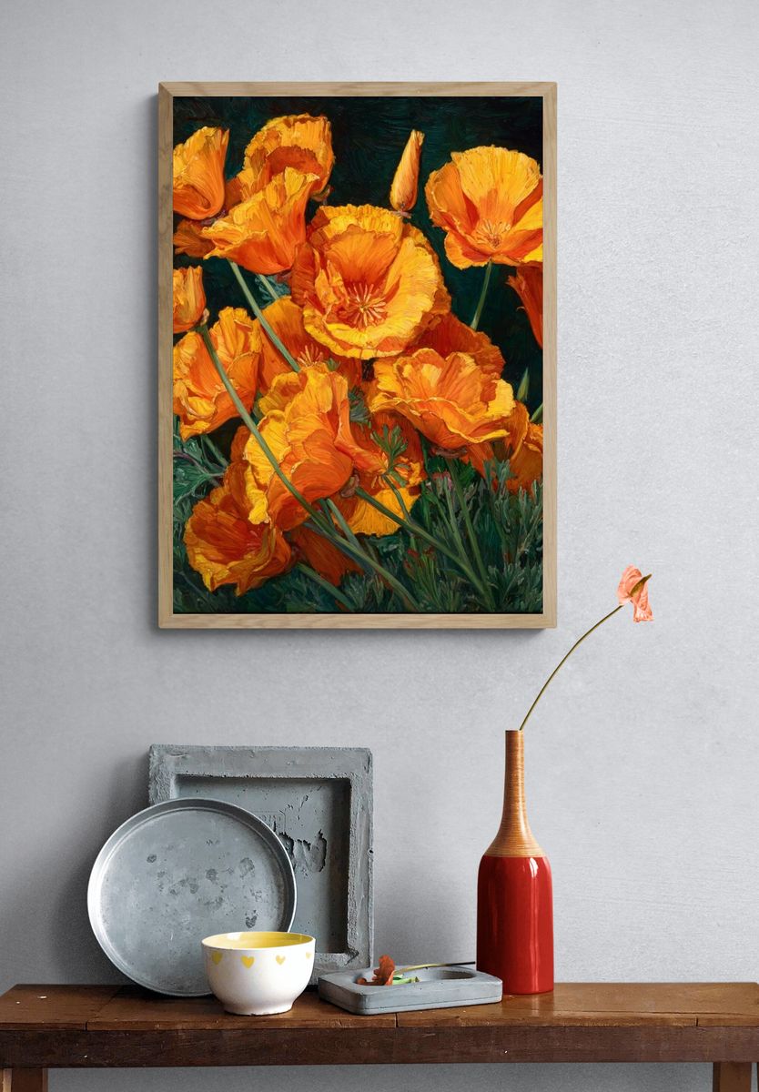 Orange Poppy Blooms Fine-Art Poster. — room view 3