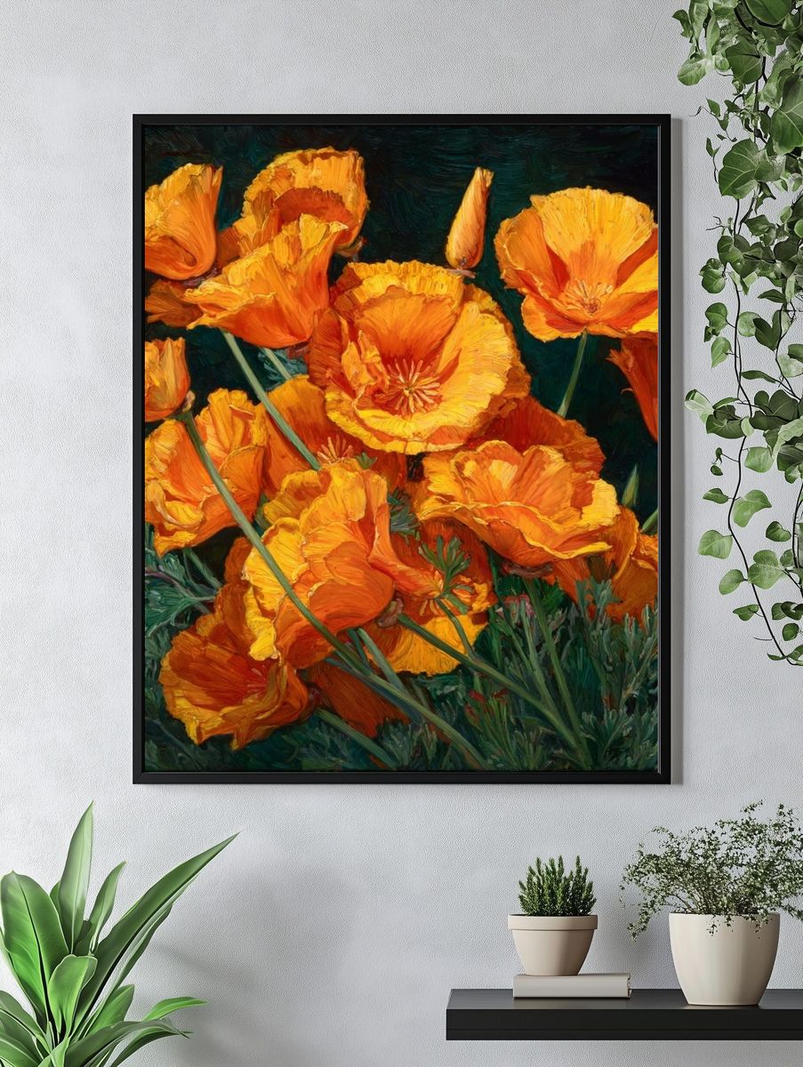 Orange Poppy Blooms Fine-Art Poster. — room view 4
