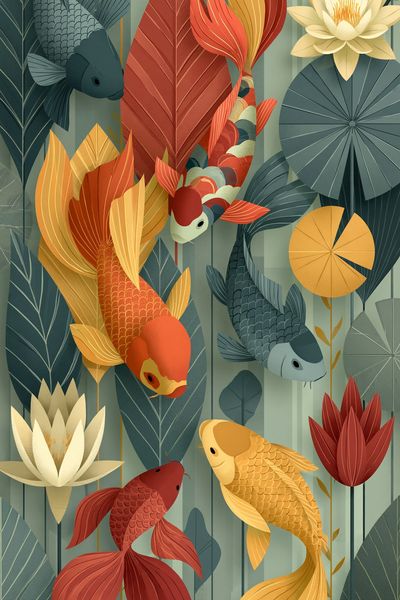 Koi Pond Botanical Poster.