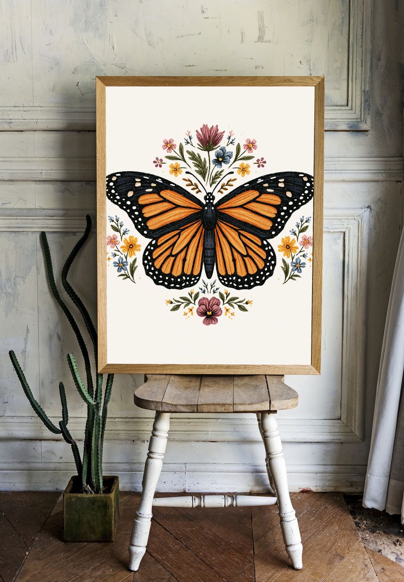 Monarch Butterfly Floral Illustration Poster. room preview