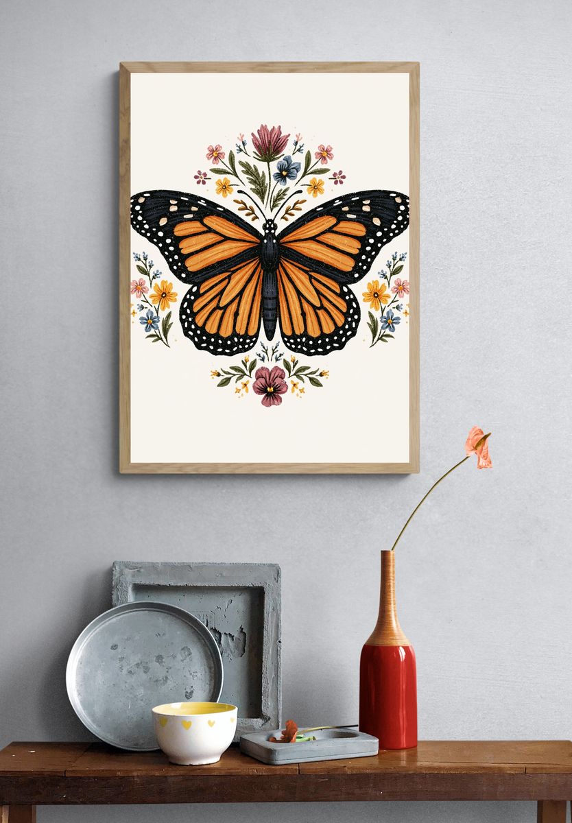 Monarch Butterfly Floral Illustration Poster. — room view 3