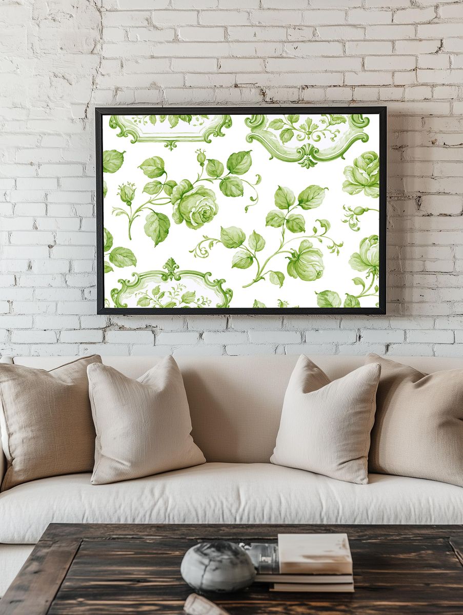 Green Floral Toile Botanical Print. room preview