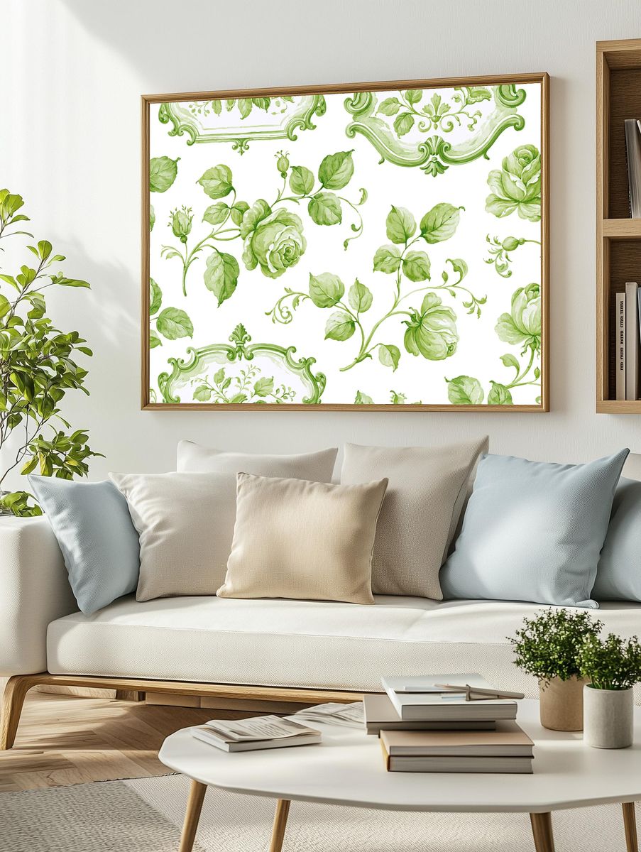 Green Floral Toile Botanical Print. — room view 2