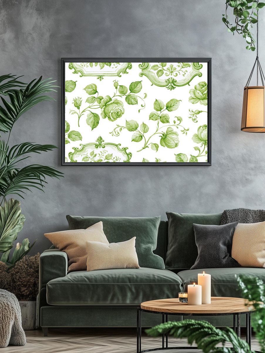 Green Floral Toile Botanical Print. — room view 4
